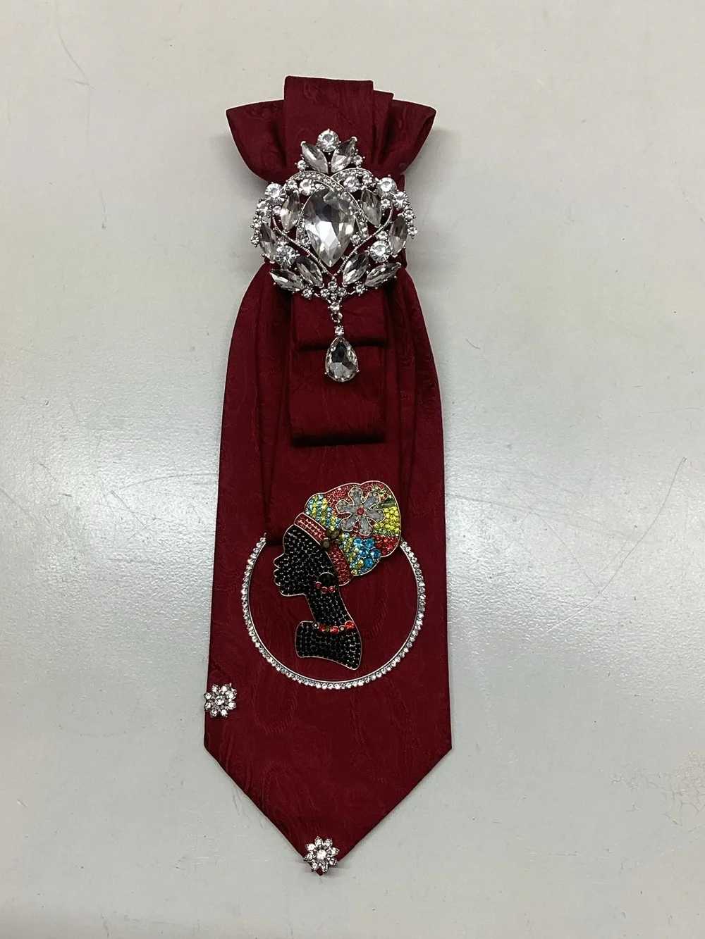 Handcrafted Burgundy Embellished Statement Necktie Necklace with African Queen